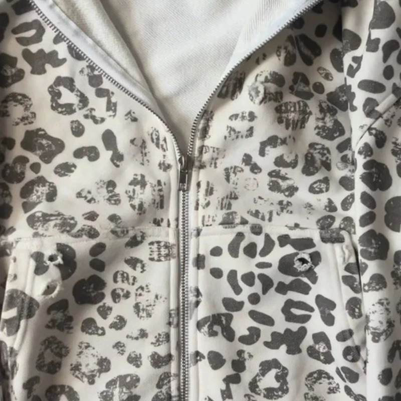 Y2K American Retro Zip Up Hoodies Printed Leopard Fur Collar Sweatshirt Gothic Hip Hop Fashion Streetwear Unisex Boxy Clothing 251112