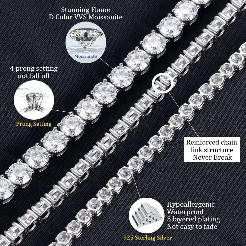 Hot Selling Man Jewelry GRA Certificates 2mm 5mm 6mm Stone VVS Moissanite Diamond Tennis Bracelets for Gift