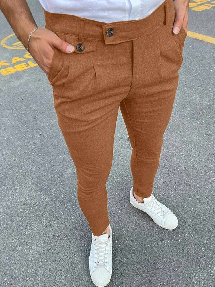 2024 Spring Summer New Casual Suit Men Vintage Solid Color Slim Pencil Pants Fashion Button Waist Design Mens Trousers