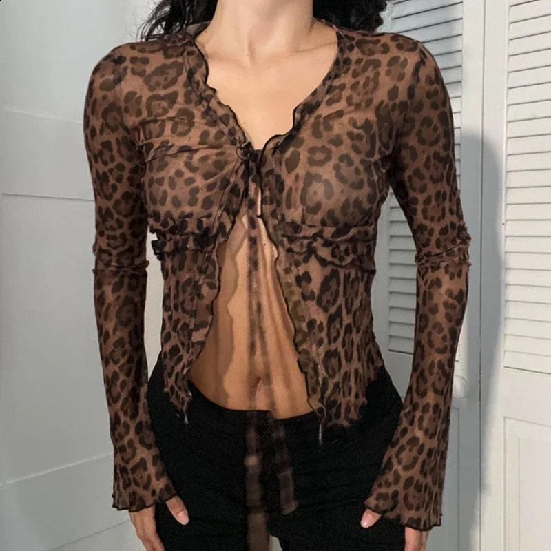 Cibbar y2k sexy mesh crop top retro 2000s leopard print ruffled edge patch work bandage cardigan womens transparent club T-shirt 250410