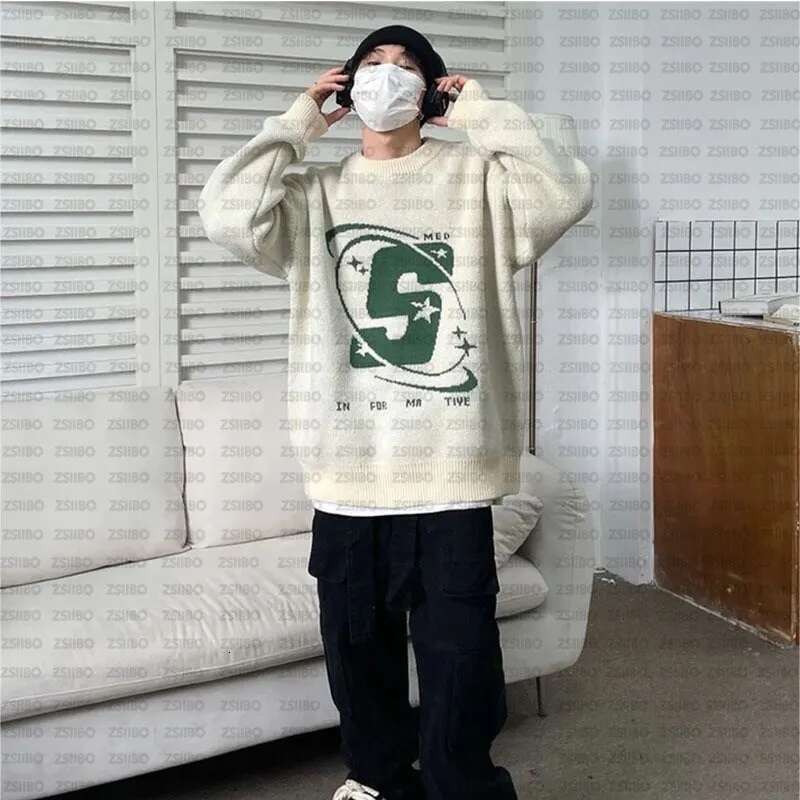 Capital Letter Print Solid Color Retro Men's And Women's Autumn Winter Sweaters Haruku Crew Neck Oversized Baggy Knitted Top