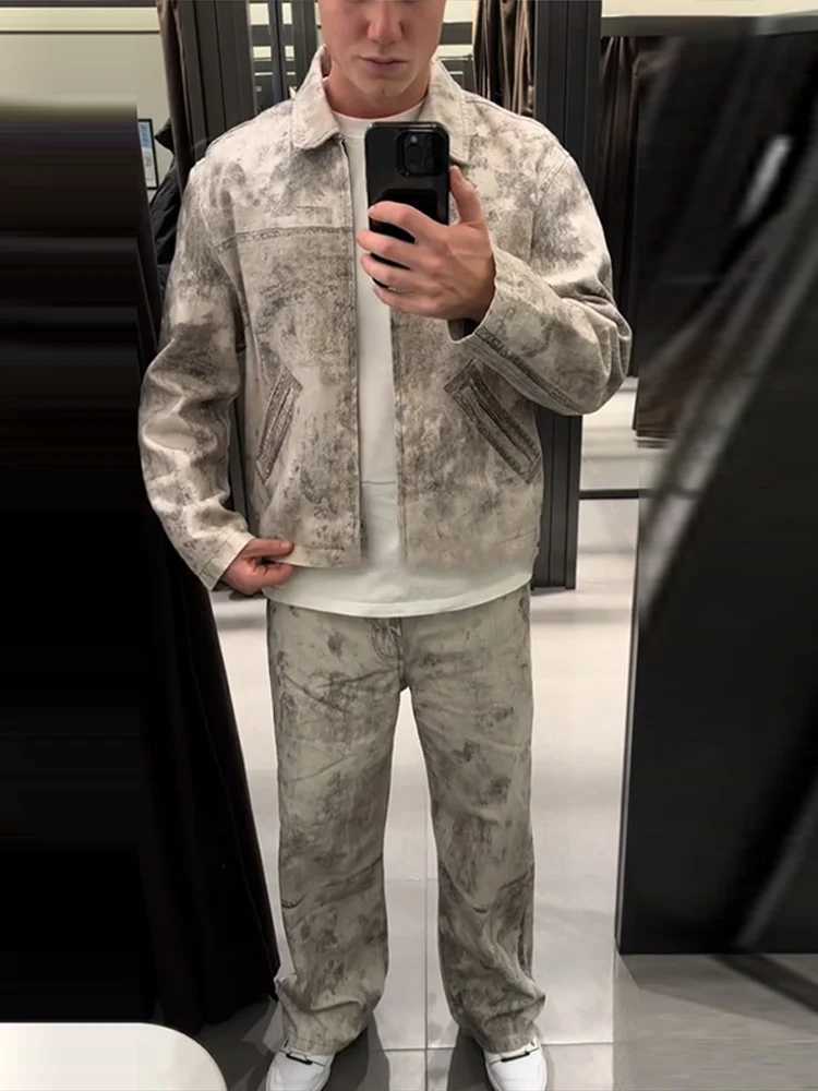 Retro printed jacket and pants set for mens casual long sleeved zipper jacket with straight matching pants two-piece set spring cargo track set W25041