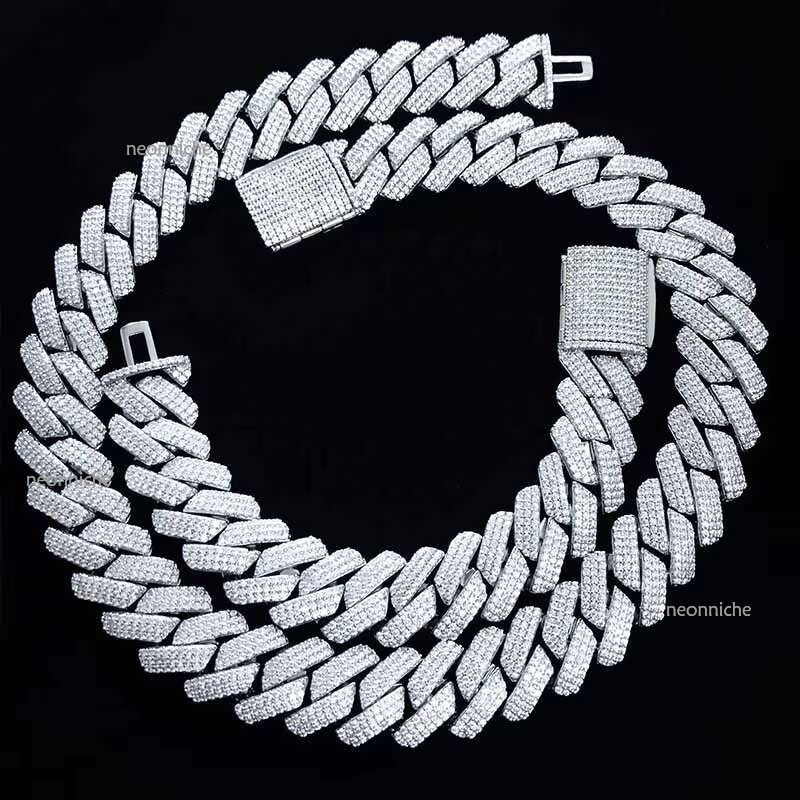 Qian Jian Gems Sier Custom 15mm Prong Moissanite Miami Cuban k Chain Passes Dia Test VVS Hip Hop Style Necklace