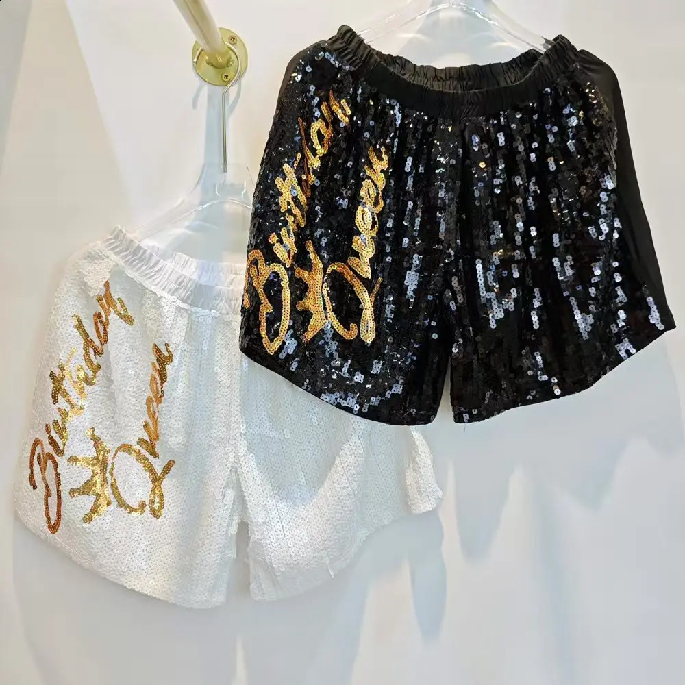 Summer Streetwear Letter Color Geometry Sequins Elastic Waist Short Pants Loose Hip Hop Night Club Womens Wear 250411