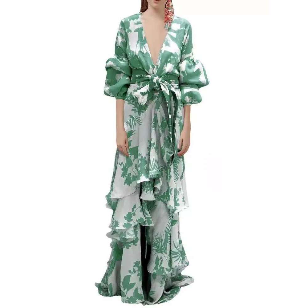 Women's Print Ruffle Party Dresses Elegant Deep V-Neck Lantern Sleeve Long Dress Fashion Tie-Up Waist Irregular Bohemian Vestido