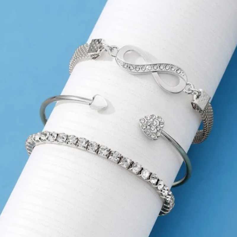 Vintage Set Silver Color Crystal Rhinestone Heart Bracelets for Women Fashion Geometric Adjustable Infinity Cuff Bangle JewelryC250411