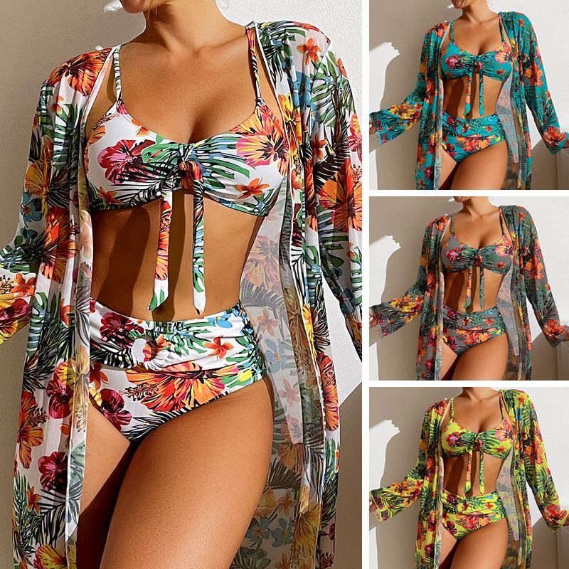 Clothing Swimming River Long Sleeved Cover Up Split Three Piece Set Printed Sexy Swimsuit Women's New Bikini