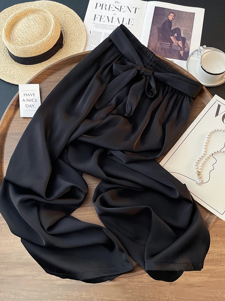 High Waist Ice Silk Acetate Wide Leg Pants for Women Summer Loose Silk Satin long maxi Trousers Spring lace up plus size pants 250411