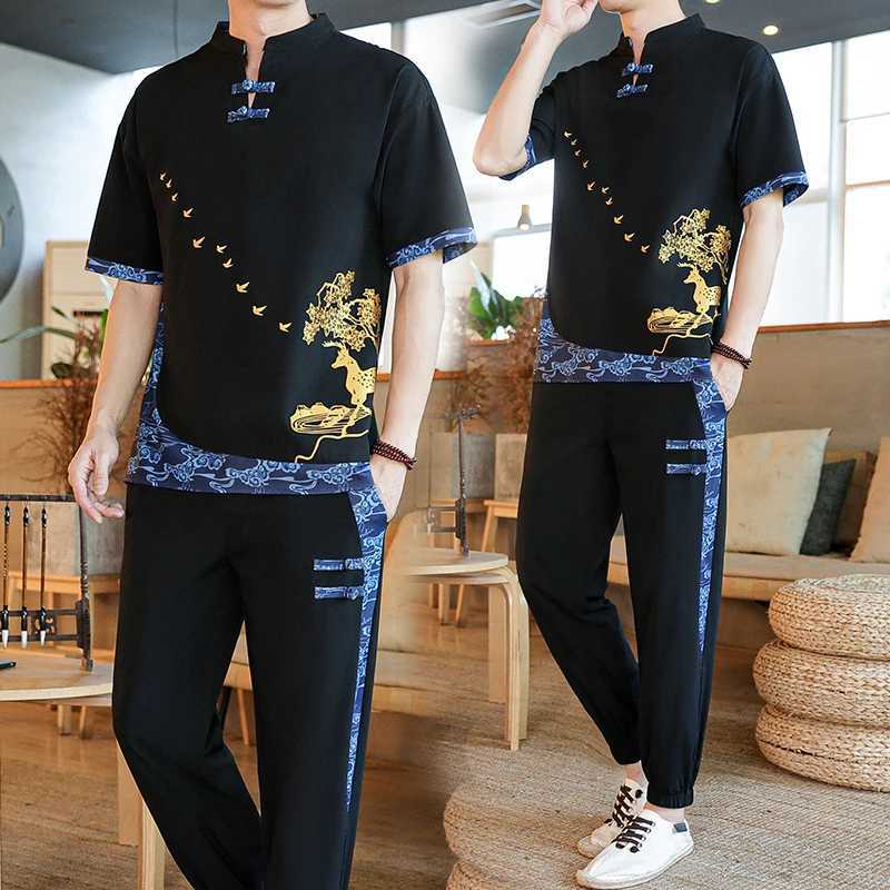 Shirt+pants Summer cotton linen shorts pullover mens casual suit mens fashion mens shirt M-4XL TZ020XJ250412