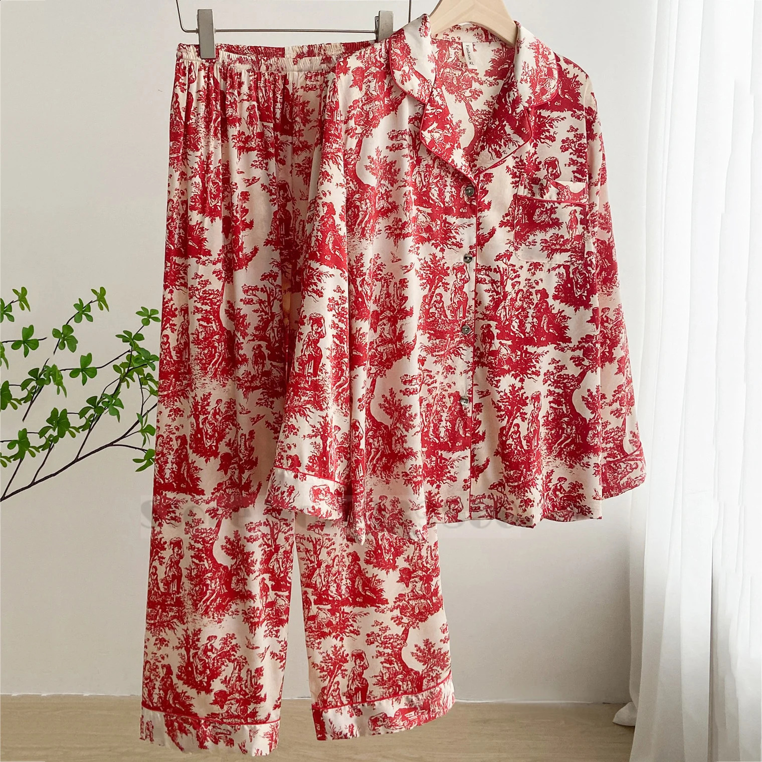 Fashion Print Flower 2PCS Pajamas Set Women Sleepwear Spring Summer Trouser Suits Lounge Wear Loose Satin Homewear Pijamas Suit 250411