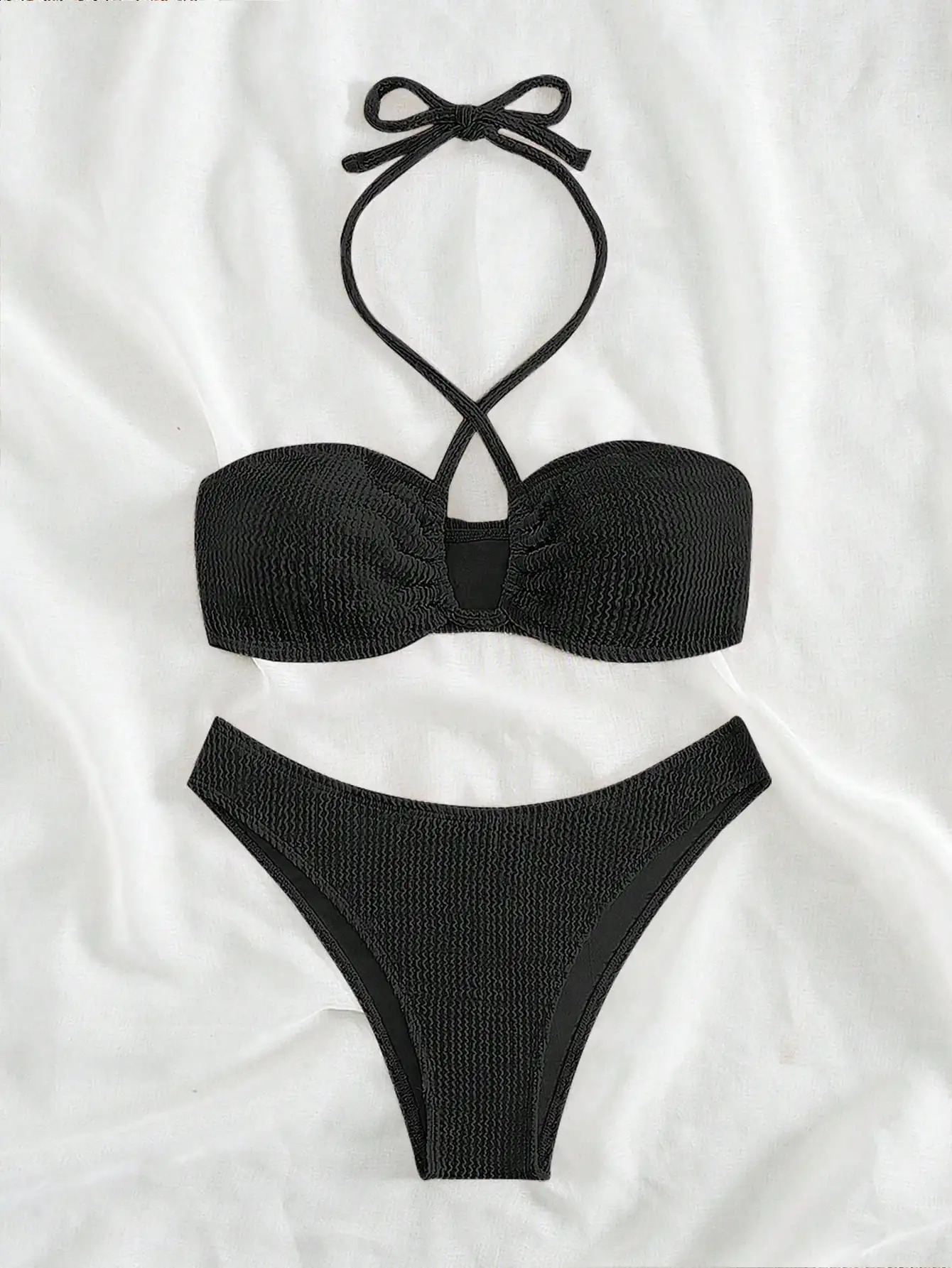 Bandeau halterneck lace-up bikini cross-border foreign trade European and American solid color style swimsuit suit 250411