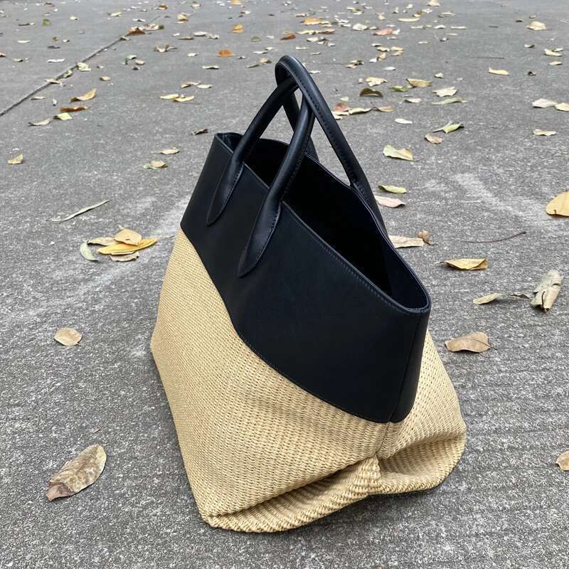 Genuine Leather Straw Tote Bags For Women Designer Handbags Purses 2025 New In Grass With Cowhide Top Handle Beach Wrist