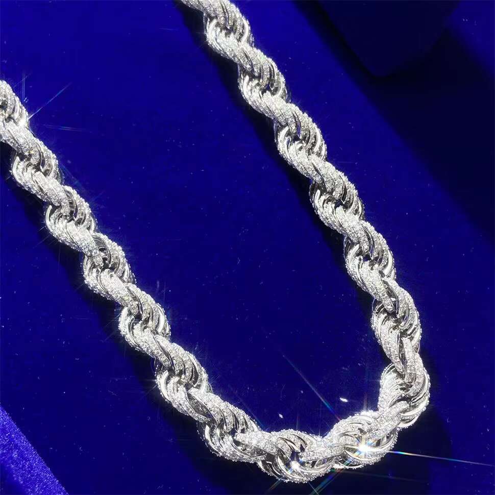 10mm 10k 14k Gold Plated Diamond Round Cut Silver Rope Link Chain