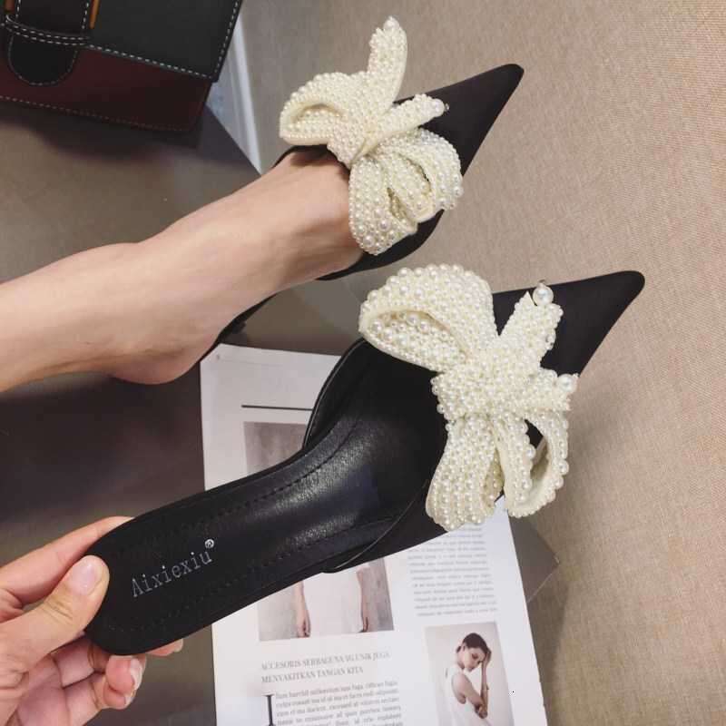 2023 Summer New Internet Celebrity Pearl Water Diamond Bow Thin Heel Cool Women's Shoes Versatile Baotou Half Dragging Slippers 40