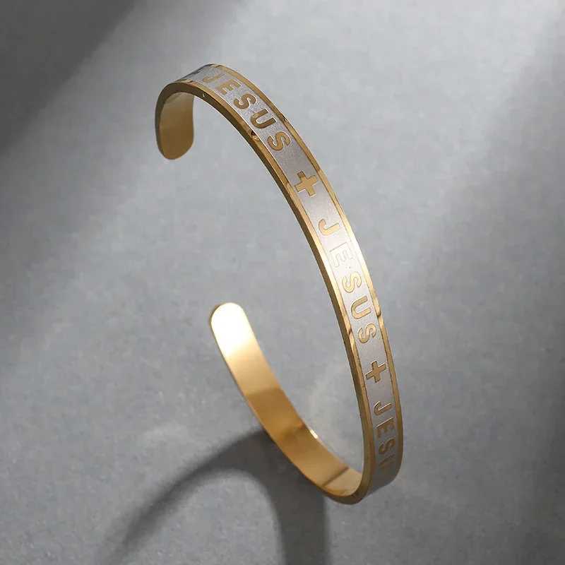 Stainless Steel Cross Jesus Alphabet Cuff Bangels Mens Christian Open Bracelet Catholic Believer Amulet Prayer JewelryC250411