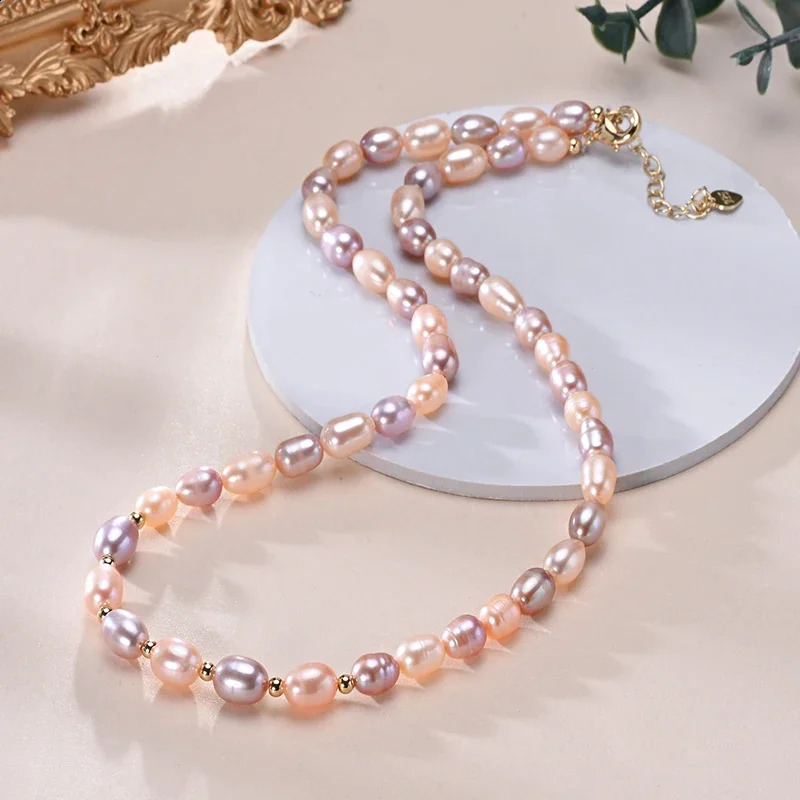 HENGSHENG 6-7mm Rice Shape Freshwater White Pink Purple Mixed Color Pearl Necklace 925 Sterling Silver Jewelry for Women Girls 250407