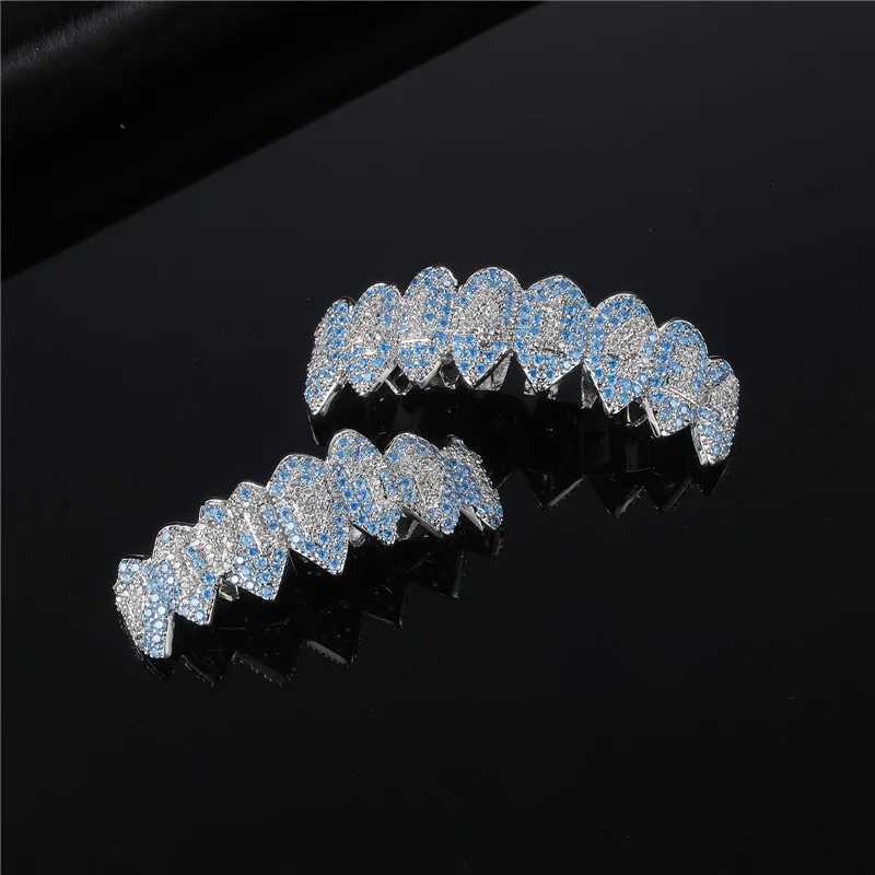 Feel Style CZ Teeth Grillz Hat Shiny Blue Cube Zircon Ice Out Mini Paving Top and Bottom Charm Grill Set W250412