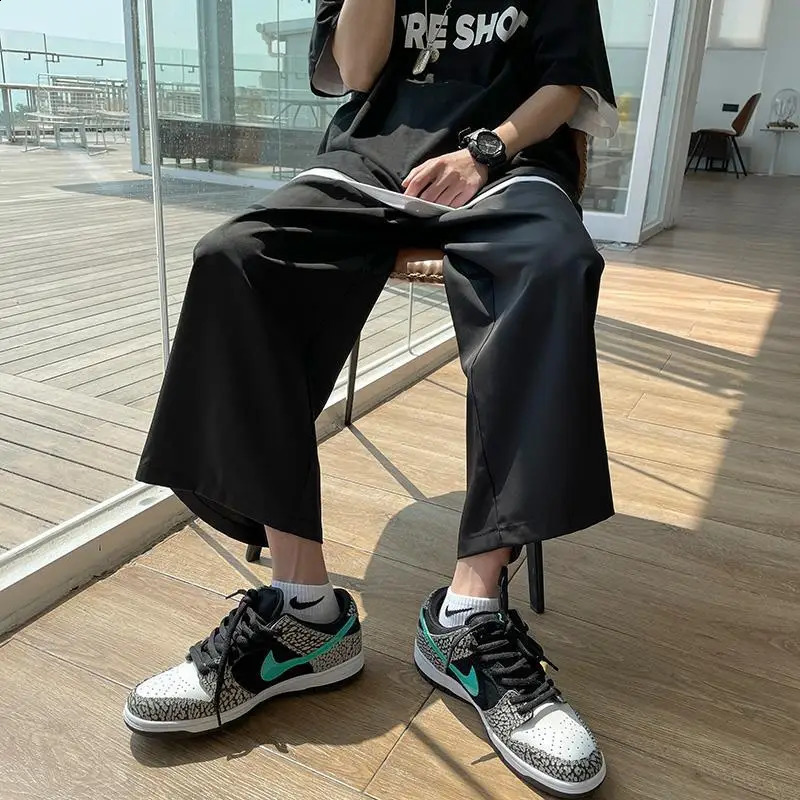 Summer Thin Ice Silk Mens Straight Loose Couple Casual Wide-leg Sports Nine-point Pants 250410