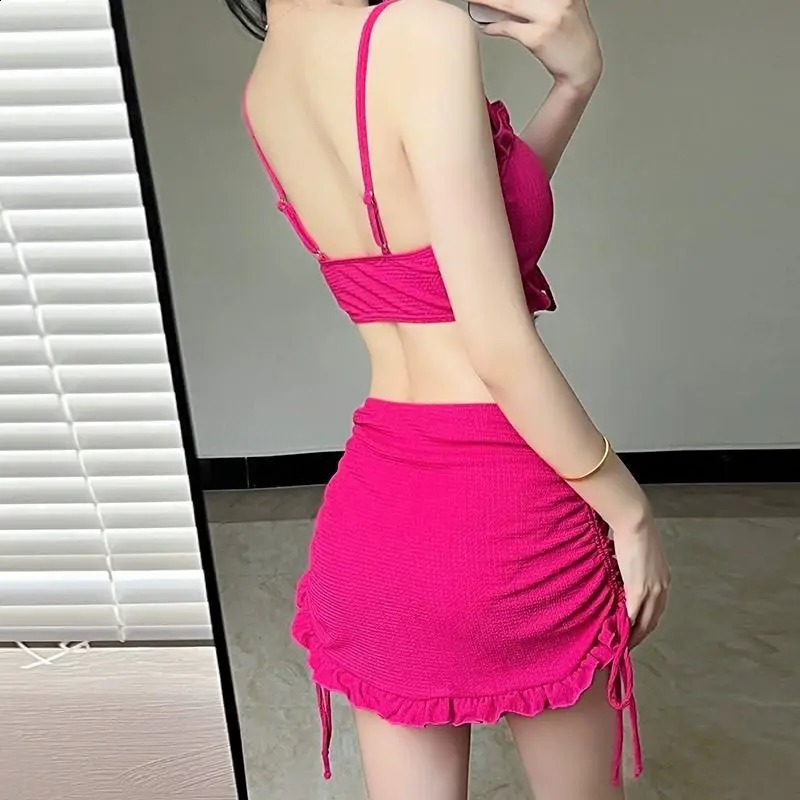 Women Sexy Spaghetti Ruffle Drawstring Swimsuit 3 Piece Bikini Set Solid Vacation Beach Bathing Suit Fairy Sweet Swimwear Skirt 250411