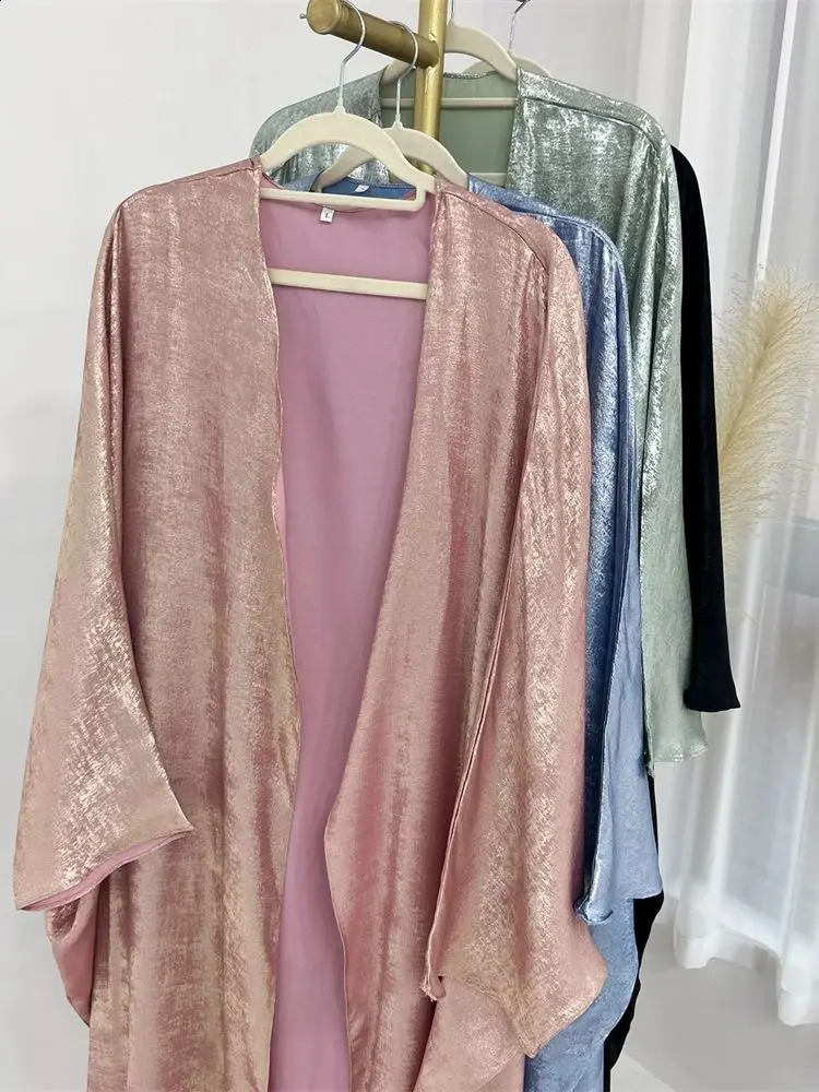 Ramadan Eid al Fitr Shining Batwing Satin Open Kimono Abaya Damen Dubai y Islamic Muslim Kaftan Womens Caftan Marocain 250411
