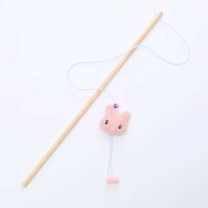 Cat toy wooden pole cute animal shape plump and adorable cat stick interactive and fun pet supplies with bells Y250412