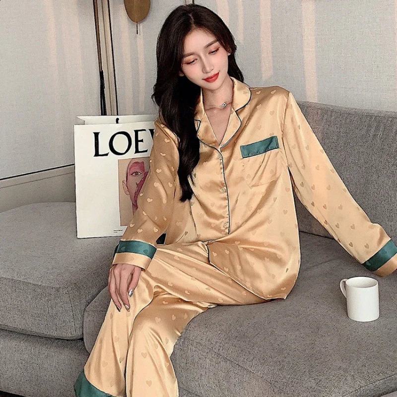 High Qualtiy Ice Silk Pajamas Suit Women Spring Autumn Thin Long-sleeved Trousers Two-piece Sleepwear Summer Loungewear Female 250411