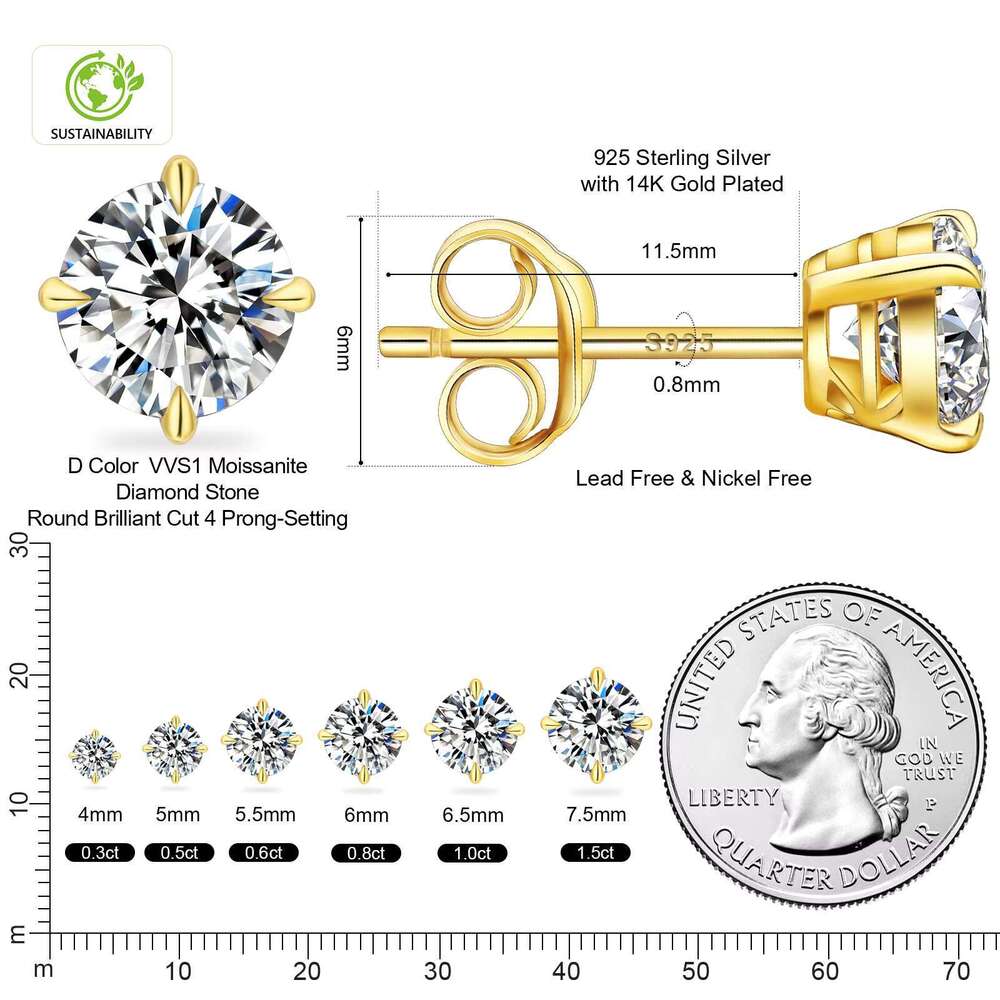 1CT 2CT 3CT Classic 4 Prong Moissanite Earrings Jewelry 14K White Gold Vermeil Sier VVS Lab Created Dia Stud for Women