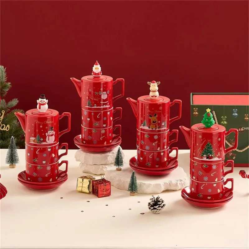 Christmas JUSTINLAU Christmas Coffee Cup Saucers Stackable Red Ceramics Teaware Sets Santa Claus Snowman Elk Teapot Teacup Xmas Gifts Y251112