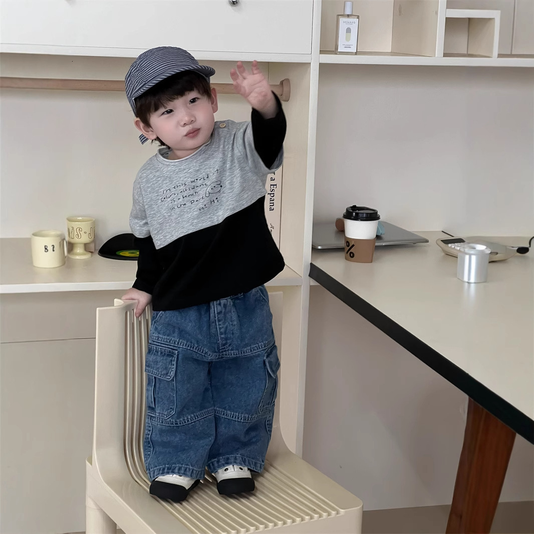 Ddmyshoesvip Children Color Blocking Splicing Long Sleeved T Shirt Jeans Set New Product Korean Version Children S Boys Spring Clothing