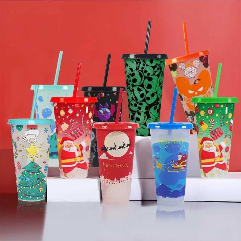 Christmas 710ml Plastic Straw Cup Halloween Christmas Color Changing Cup with Lid Plastic Cold Bucket Party Drink Cup Iced Drinks Mug Y251112