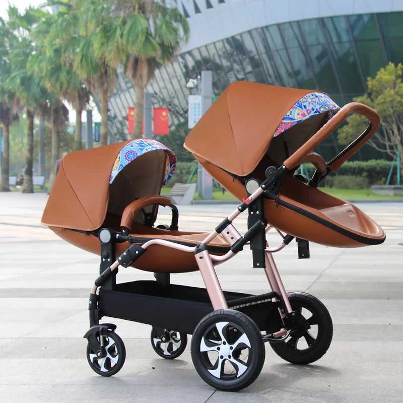 New luxury twin baby stroller aluminum frame PU leather twin baby stroller baby can sit and lie down twin baby stroller W250411