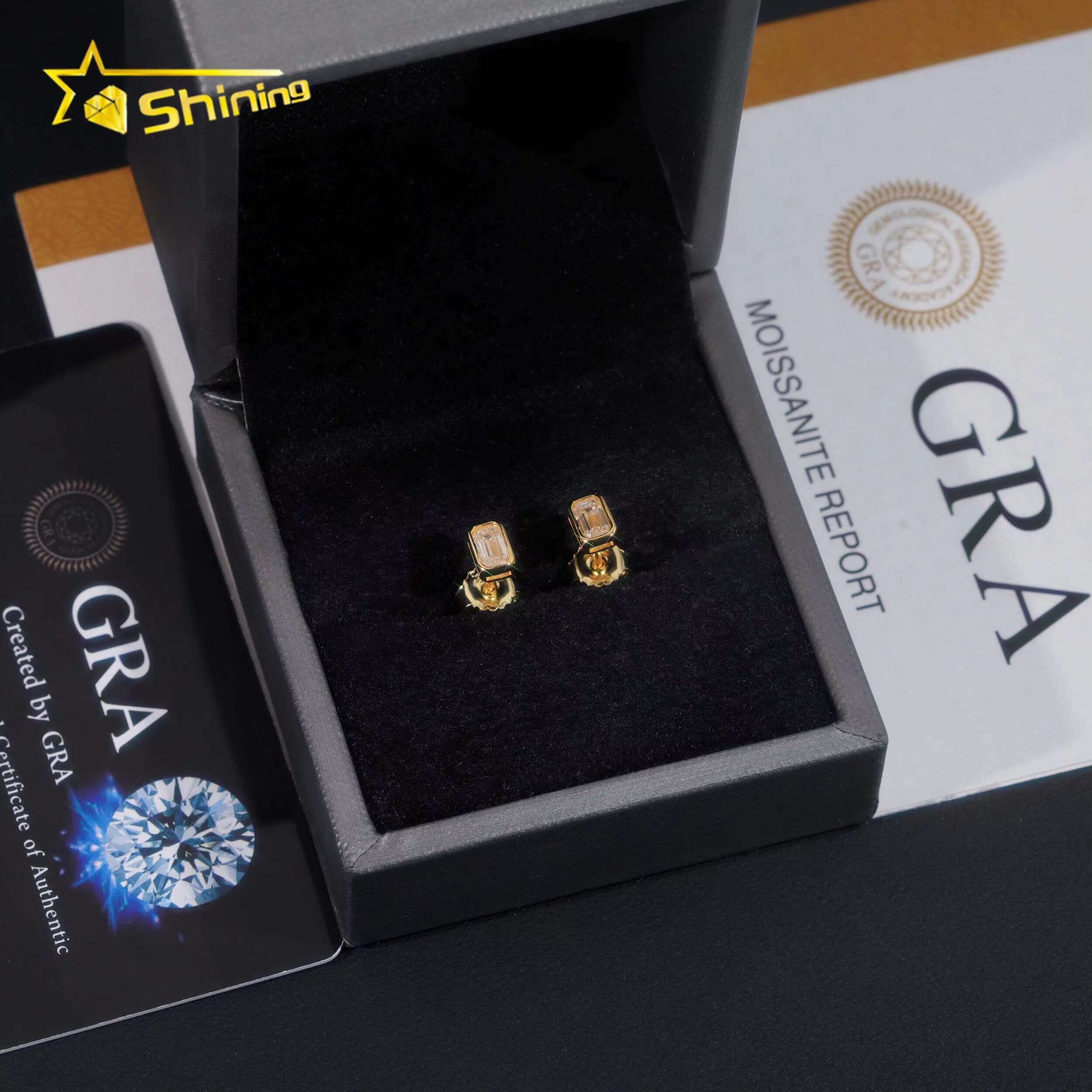 New Arrival Hip Hop Gold Plated Bezel Setting Emerald Cut Moissanite 925 Silver VVS Diamond Earrings