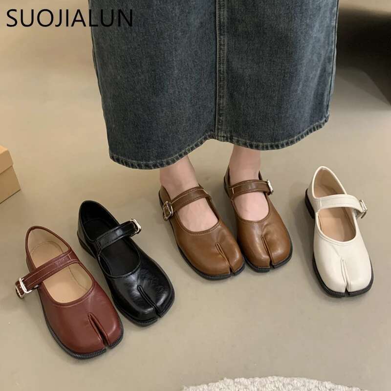 SUOJIALUN Autumn Women Fashion Split Toe Flat Heel Laofer Shallow Soft Leather Casual Outdoor Mary Jane Shoes