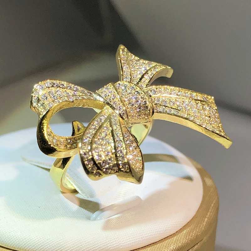925 sterling silver Exquisite Birtay Bow fashion jewelry yellow gold bow ring and white zircon ring womens party jewelryXJ250412