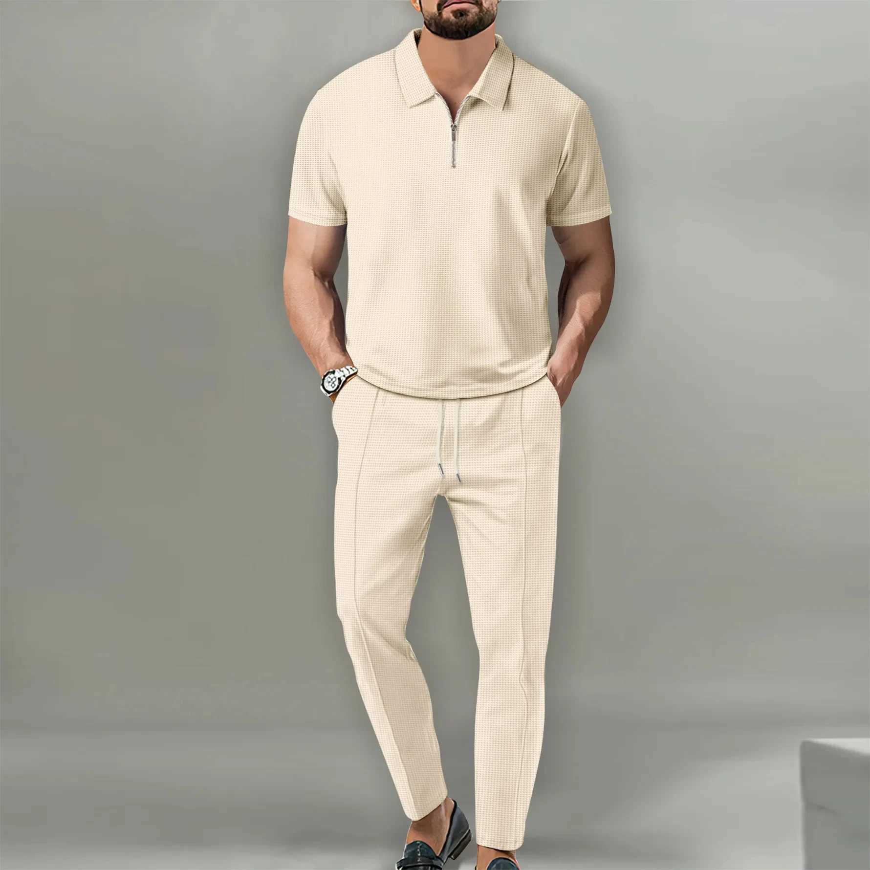 Spring 2024 New European and American Foreign Trade Mens Solid Color Set Waffle Neck Short Sleeve Zipper Pants SetXJ250412