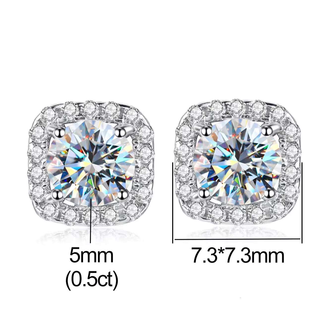 New Luxury 925 Sterling Silver Full Drill Square Stud Earrings 1ct Moissanite Fine Jewelry Weddings Bridal Trendy Style Gifts