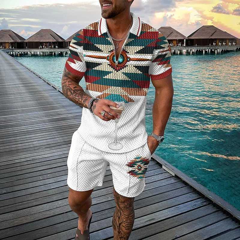Zipper polo shirt 2-piece set for holidays and summer new mens 3D printed beach style casual clothing oversized and high-qualityXJ250412