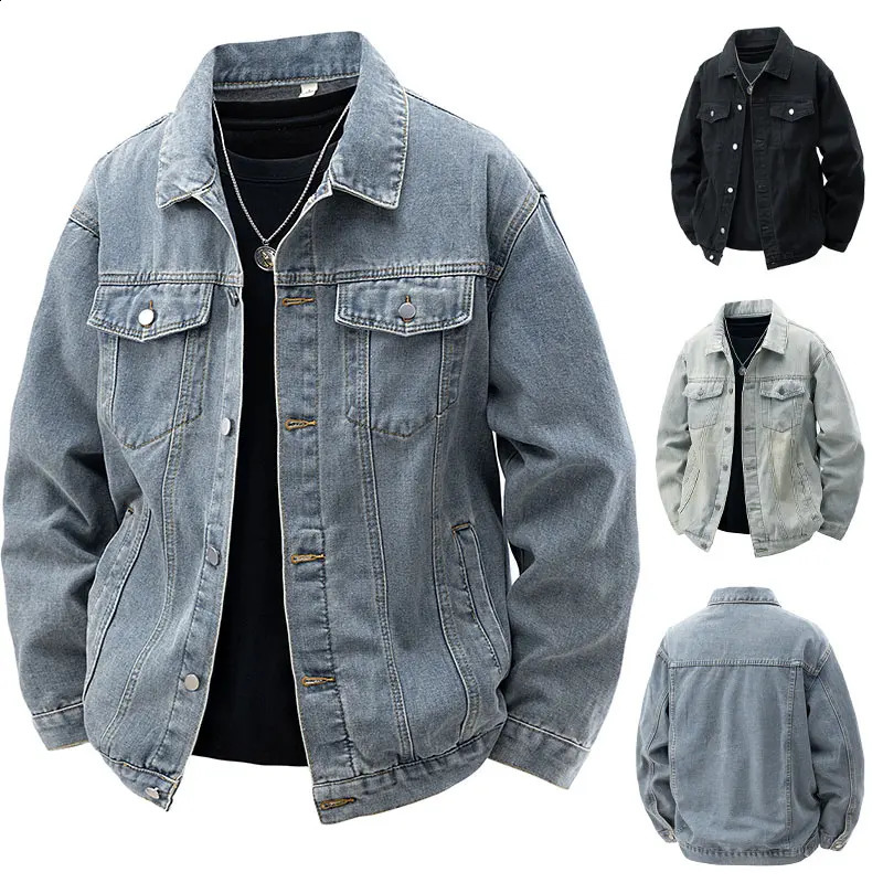 Mens retro Korean street clothing denim jacket 80% pure cotton oversized Distressed Coat with Chest Pocket Urban casual fashion 250411