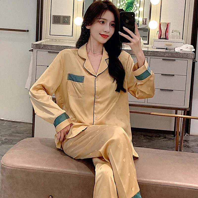 High Qualtiy Ice Silk Pajamas Suit Women Spring Autumn Thin Long-sleeved Trousers Two-piece Sleepwear Summer Loungewear Female 250411