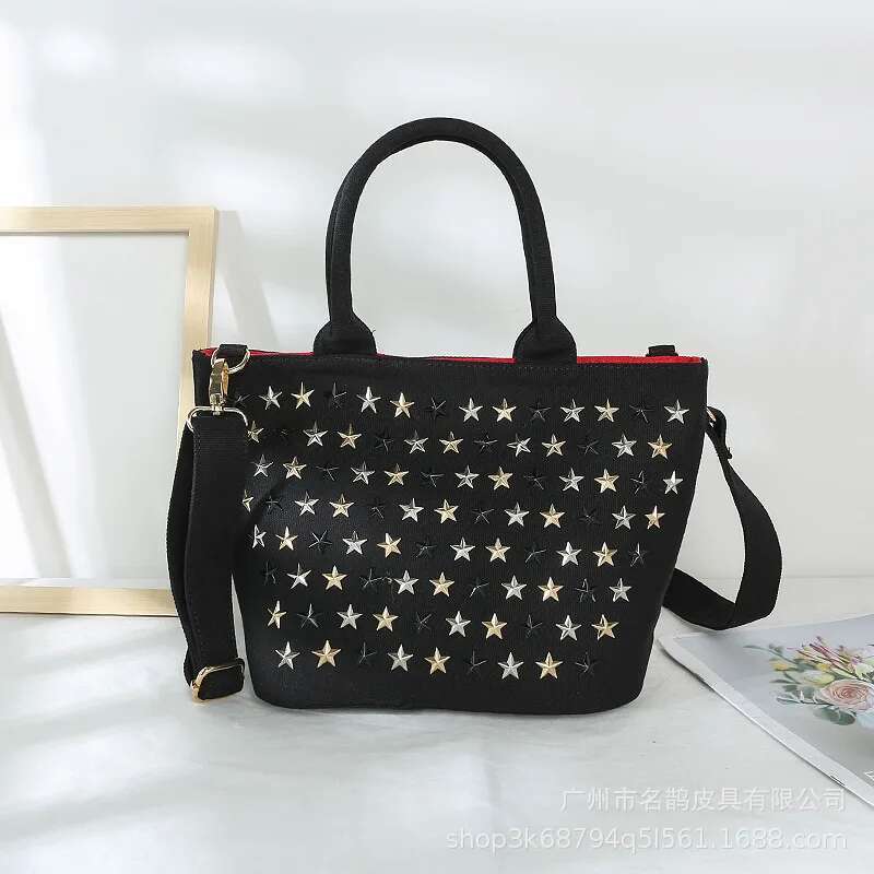 Women Star Rivets Totes Canvas Denim Handbag Large Capacity Mother Bags Studded Single Shoulder Crossbody Bag