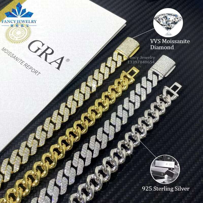 Full VVS Moissanite Design Custom Iced Out Cuban Chain 12mm 2Row 925 Sterling Silver Diamond Cuban Necklace Hip Hop Jewelry