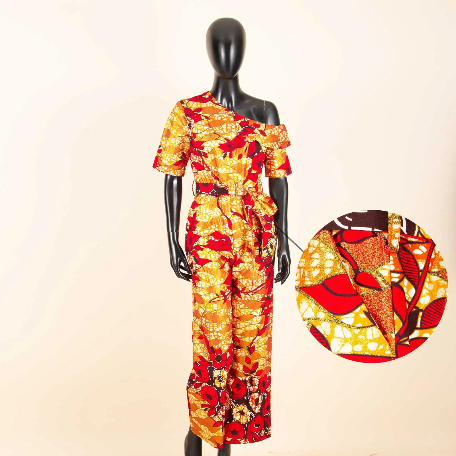 African Womens Dashiki Printed Skull Neck High Waist Cotton jumpsuit Fashion One Piece Set 250411