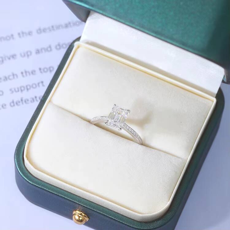 3CT Emerald Cut Moissanite Diamond Wedding Ring in 14K White Gold with Half Covered Band