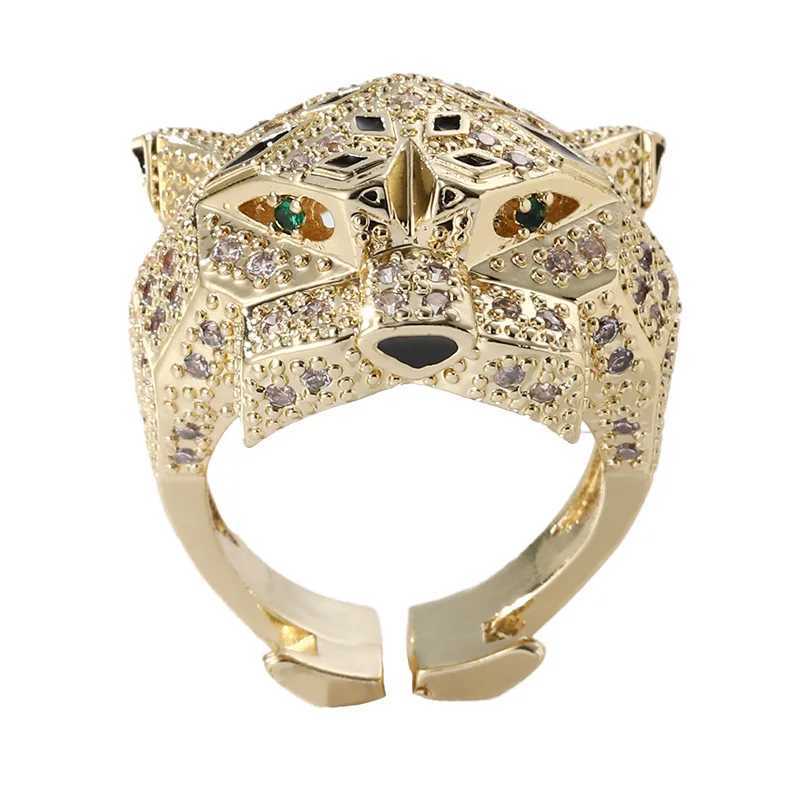 European and American fashion design for womens hip-hop adjustable ring inlaid with zircon leopard head ringXJ250412