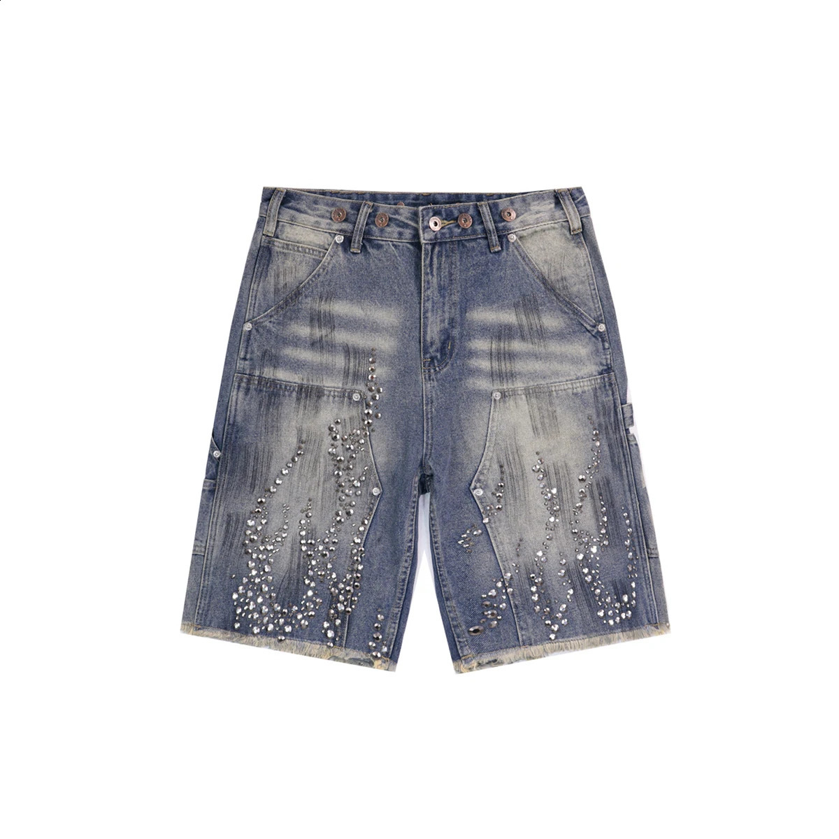 High Street Rhinestone Painted Baggy Jeans Shorts for Men Pockets Wide Leg Blue Black Loose Five Point Denim Pants Oversized 250411