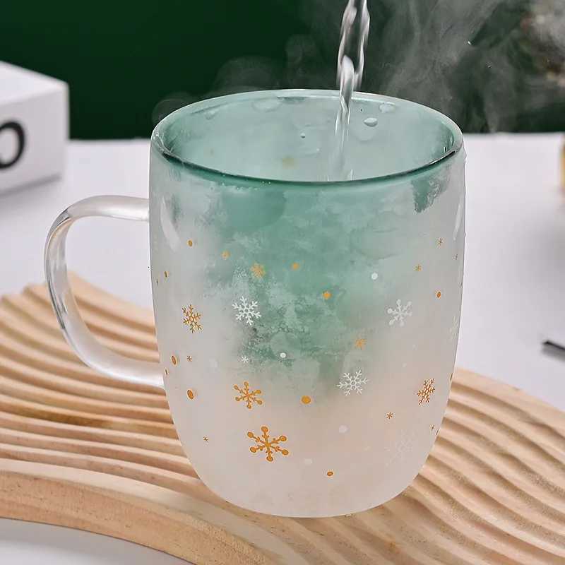 Christmas 300ml Christmas Theme Pink Green Blue Grey Double Wall Glass Cup with Silicone Lid Snow Man Christmas Tree Santa Decor 1 Piece Y251112
