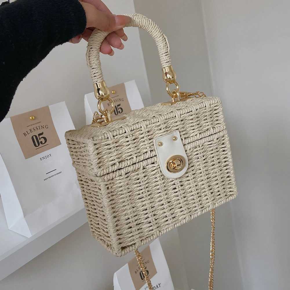 Rattan Str Shoulder Bag Womens Bohemian Handbasket Messenger Bag Summer Beach Square Box Top HandbagXJ250412
