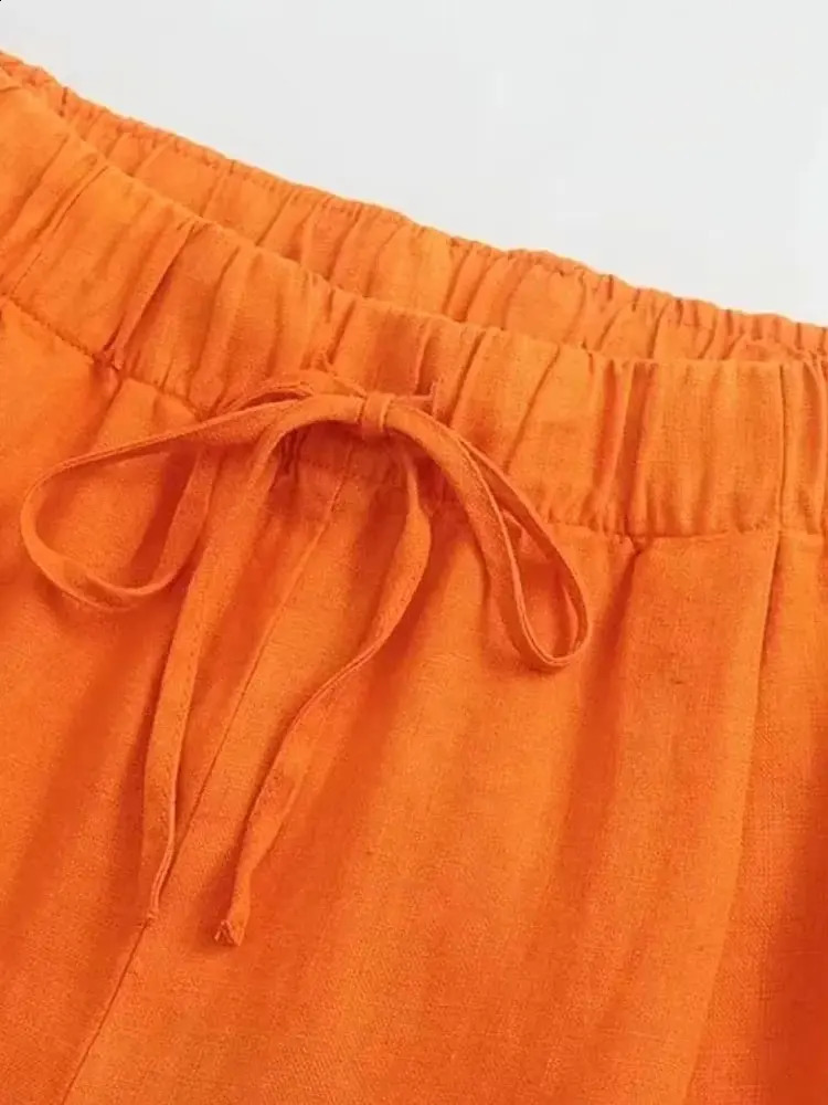 TRZA Women Fashion Side Pockets Linen Wide Leg Pants Vintage High Elastic Waist With Drawstrings Female Trousers Mujer 250411