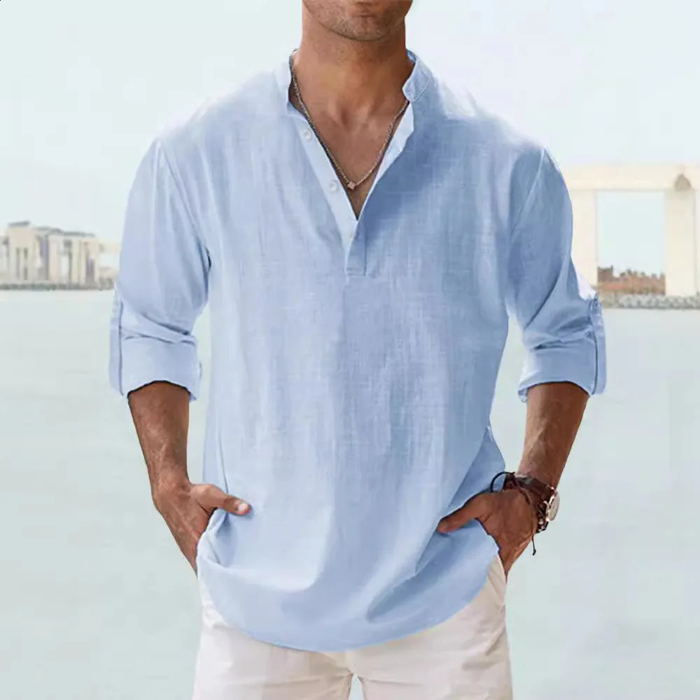 2025 Mens Cotton Linen Shirt Long Sleeve Stand Collar Casual Black White Top Street Casual Big Size Shirts Blouses 250411