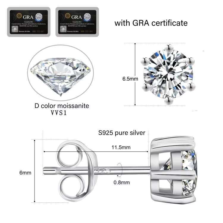Reliable Quality Fine Stud Earrings Hot Selling Silver Sterling 4prong 1ct 2ct 3ct Moissanite Diamond Jewelry